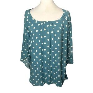 Anthropologie Maeve Medium Teal & White Polka Dot Casual Button Detail Blouse